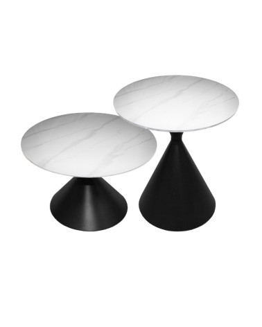 Set 2 tavolini da salotto basso Punto con piano effetto marmo bianco e gambe in metallo nero