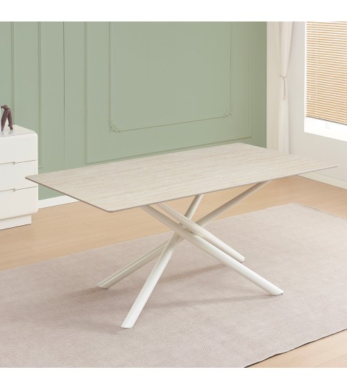 Tavolo fisso Corveo con piano colore travertino e struttura in metallo bianco