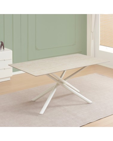 Tavolo fisso Corveo con piano colore travertino e struttura in metallo bianco