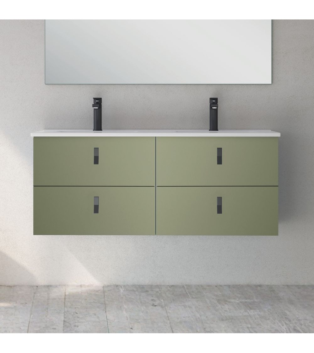 Mobile bagno sospeso Invicta con 4 cassetti colore verde oliva con maniglie nere 120x45x48 cm.
