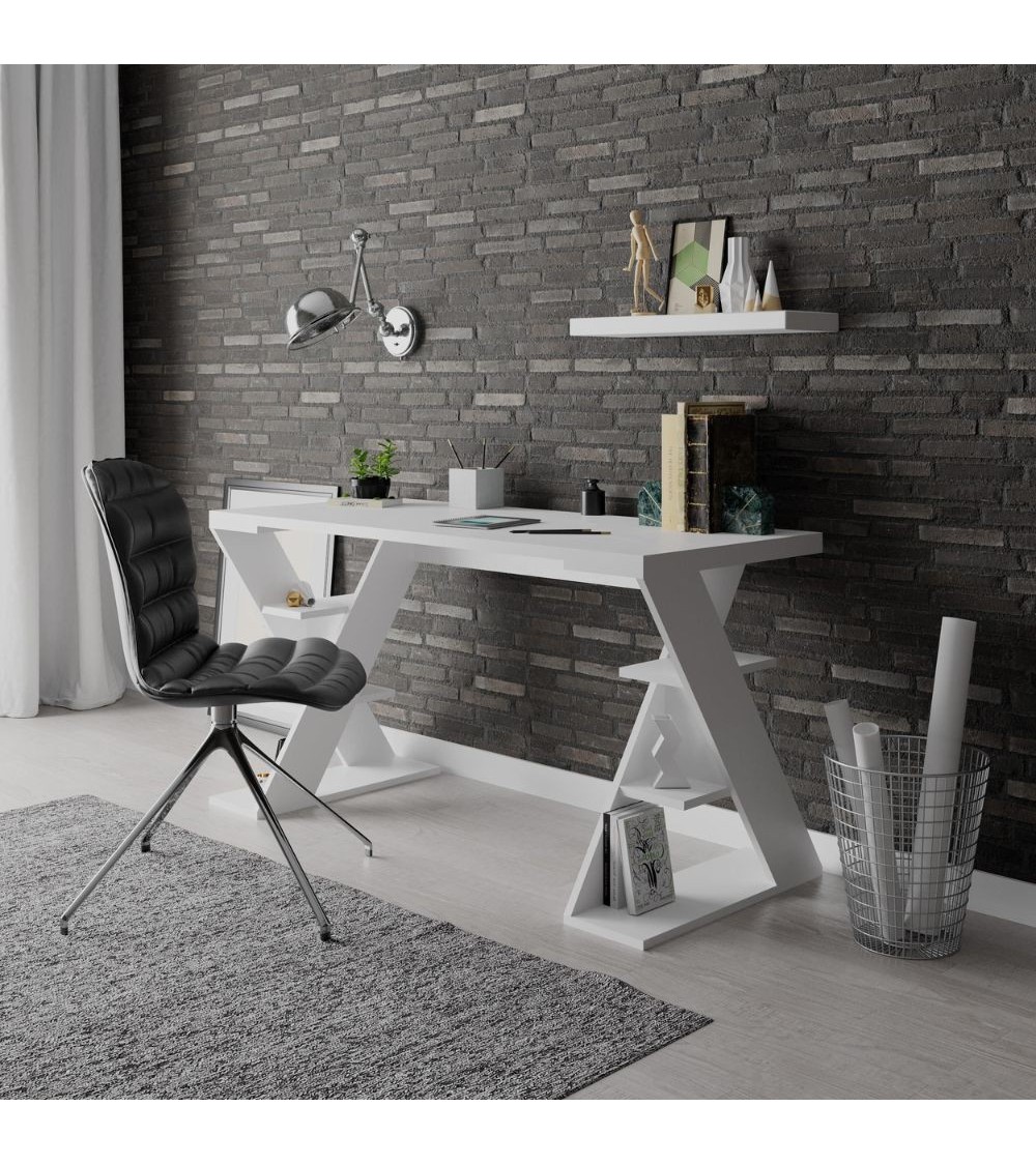 Scrivania Papillon con ripiani sulle gambe colore bianco