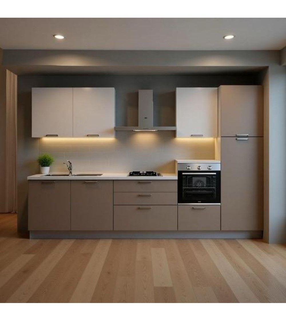 Cucina lineare Luna ml.330 con colonna destra e base tortora e pensili bianchi