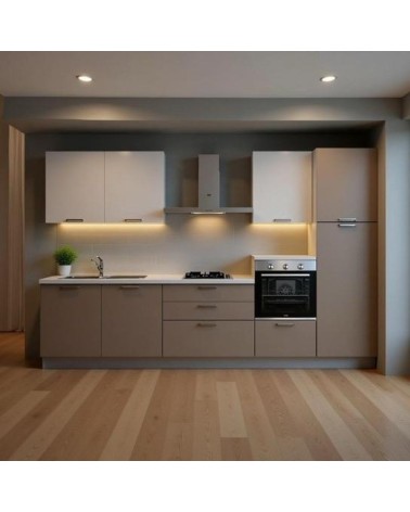 Cucina lineare Luna ml.330 con colonna destra e base tortora e pensili bianchi