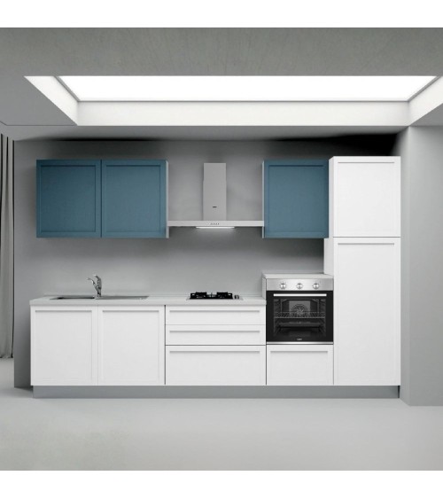 Cucina lineare Venere ml.330 con colonna destra e base bianco frassinato e pensili avio