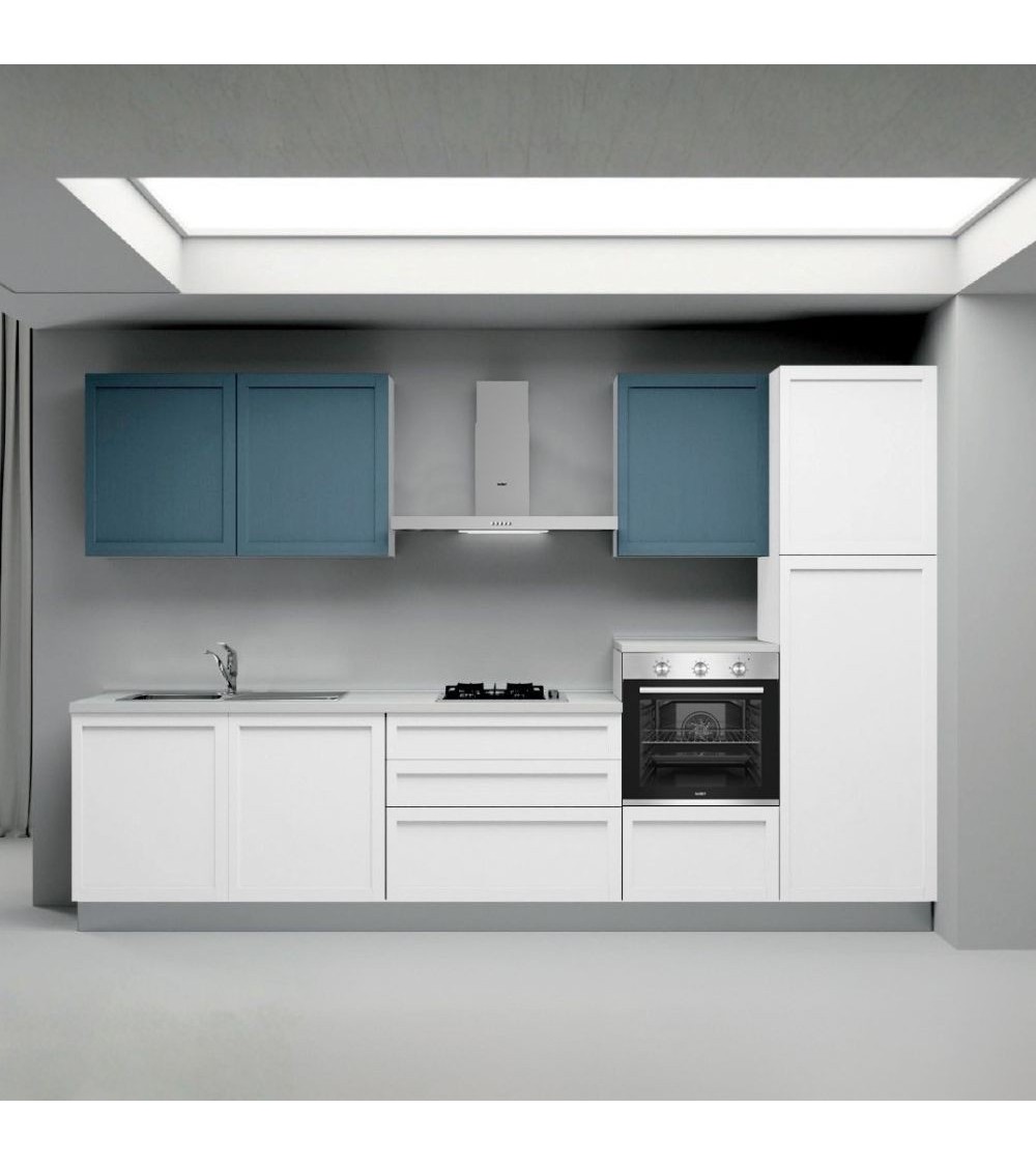 Cucina lineare Venere ml.330 con colonna destra e base bianco frassinato e pensili avio