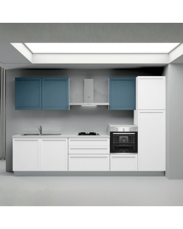 Cucina lineare Venere ml.330 con colonna destra e base bianco frassinato e pensili avio