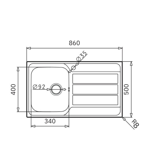 Lavello da incasso Tirreno861 con 1 vasca sinistra con gocciolatoio destro inox