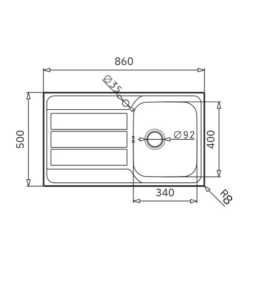 Lavello da incasso Tirreno861 con 1 vasca destra con gocciolatoio sinistro inox