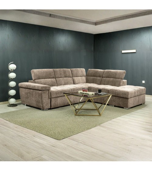 Divano letto angolare reversibile Amalfi con 5 poggiatesta regolabili e pouf indipendente in tessuto Giulia 9703 cappuccino