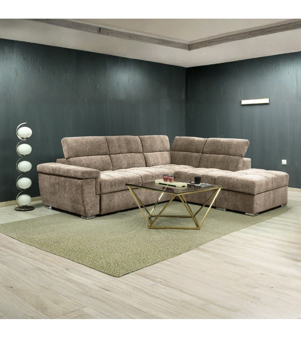 Divano letto angolare reversibile Amalfi con 5 poggiatesta regolabili e pouf indipendente in tessuto Giulia 9703 cappuccino