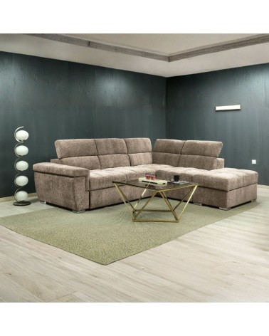 Divano letto angolare reversibile Amalfi con 5 poggiatesta regolabili e pouf indipendente in tessuto Giulia 9703 cappuccino