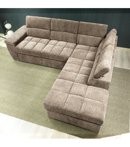 Divano letto angolare reversibile Amalfi con 5 poggiatesta regolabili e pouf indipendente in tessuto Giulia 9703 cappuccino
