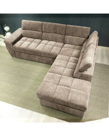 Divano letto angolare reversibile Amalfi con 5 poggiatesta regolabili e pouf indipendente in tessuto Giulia 9703 cappuccino