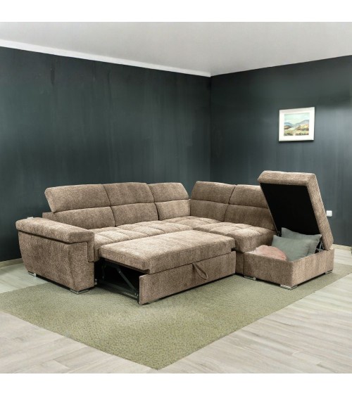 Divano letto angolare reversibile Amalfi con 5 poggiatesta regolabili e pouf indipendente in tessuto Giulia 9703 cappuccino