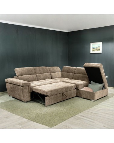 Divano letto angolare reversibile Amalfi con 5 poggiatesta regolabili e pouf indipendente in tessuto Giulia 9703 cappuccino