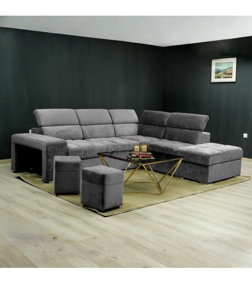 Divano angolare reversibile Positano con 5 poggiatesta regolabili e 2 pouf indipendenti in Barrel 90 grigio
