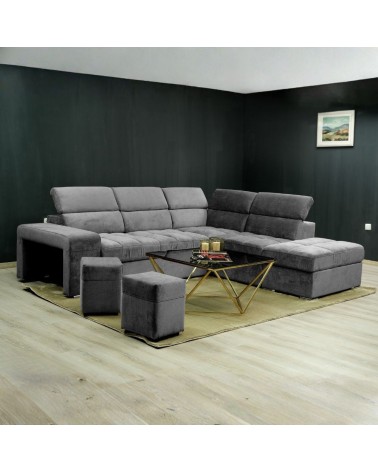 Divano angolare reversibile Positano con 5 poggiatesta regolabili e 2 pouf indipendenti in Barrel 90 grigio