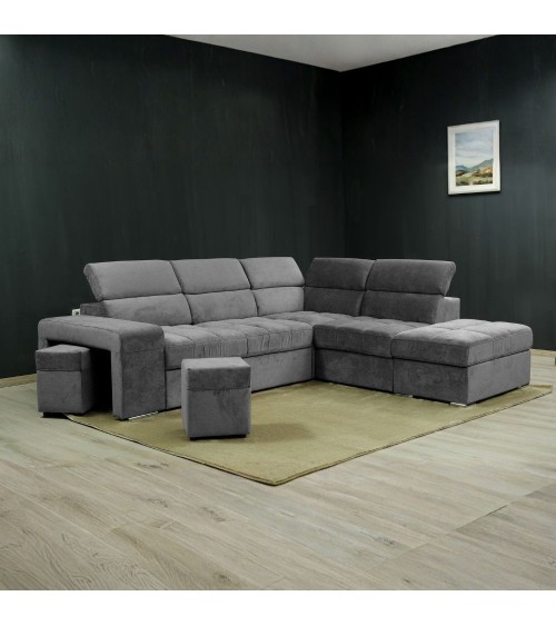 Divano angolare reversibile Positano con 5 poggiatesta regolabili e 2 pouf indipendenti in Barrel 90 grigio
