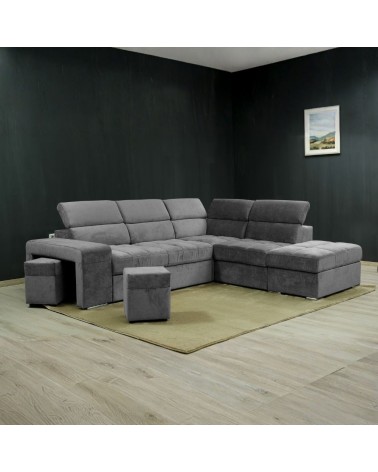 Divano angolare reversibile Positano con 5 poggiatesta regolabili e 2 pouf indipendenti in Barrel 90 grigio