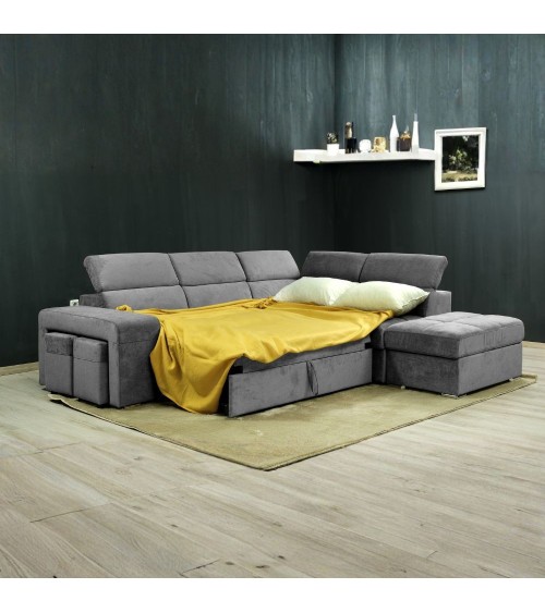 Divano angolare reversibile Positano con 5 poggiatesta regolabili e 2 pouf indipendenti in Barrel 90 grigio