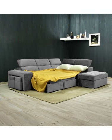 Divano angolare reversibile Positano con 5 poggiatesta regolabili e 2 pouf indipendenti in Barrel 90 grigio