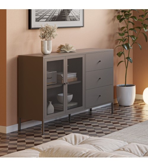 Credenza Fayna19352 in metallo con 2 ante e 3 cassetti colore mocha