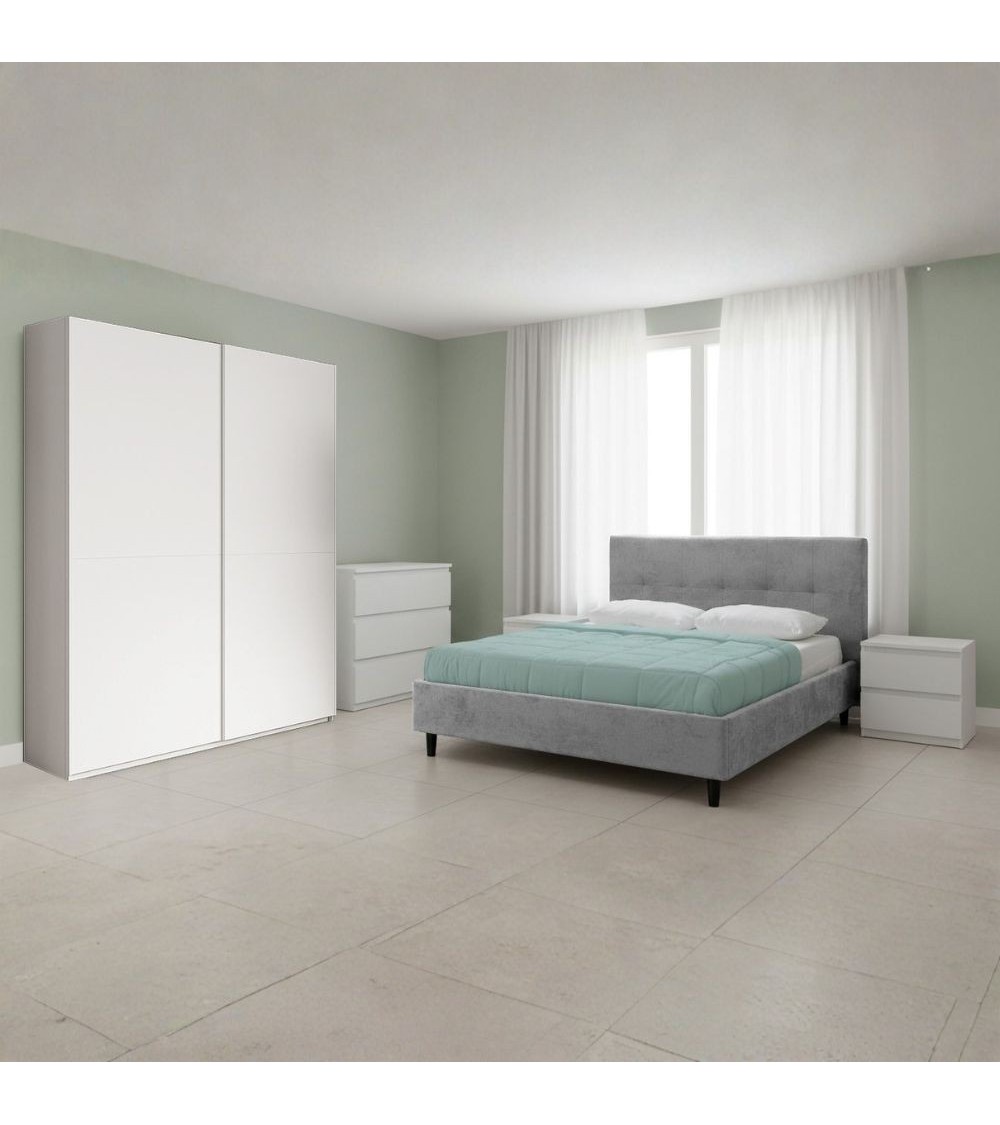 Camera da letto Rango con armadio 2 ante bianco opaco e letto Snello grigio chiaro
