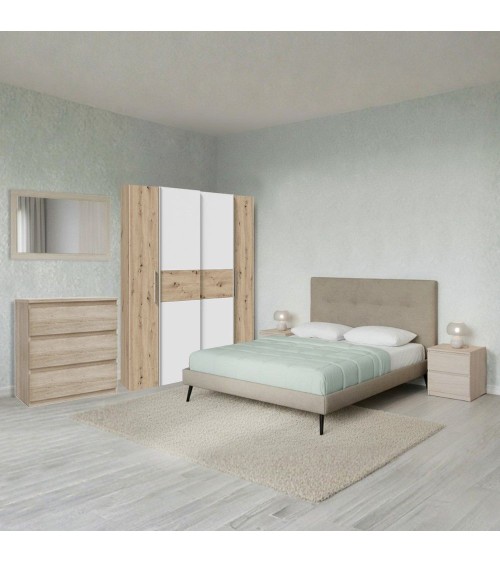 Camera da letto Milk con armadio 2 ante scorrevoli e 2 ante battenti rovere e bianco e letto Stiletto tortora