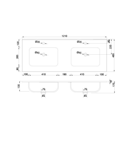 Lavabo consolle da appoggio LAV9120DS in ceramica 2 vasche 121x46.5 cm. bianco lucido