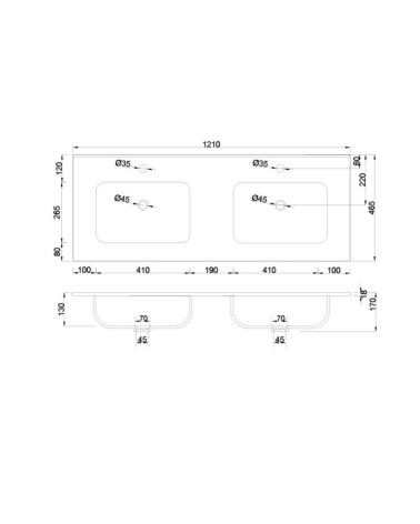 Lavabo consolle da appoggio LAV9120DS in ceramica 2 vasche 121x46.5 cm. bianco lucido