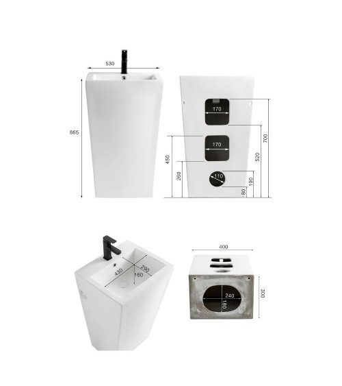 Lavabo freestanding LAV303 in ceramica 53x46.5x86.5 cm bianco