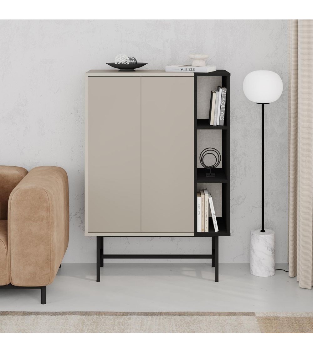 Mobile multiuso Mona con due ante cashmere e tre nicchie a giorno nere