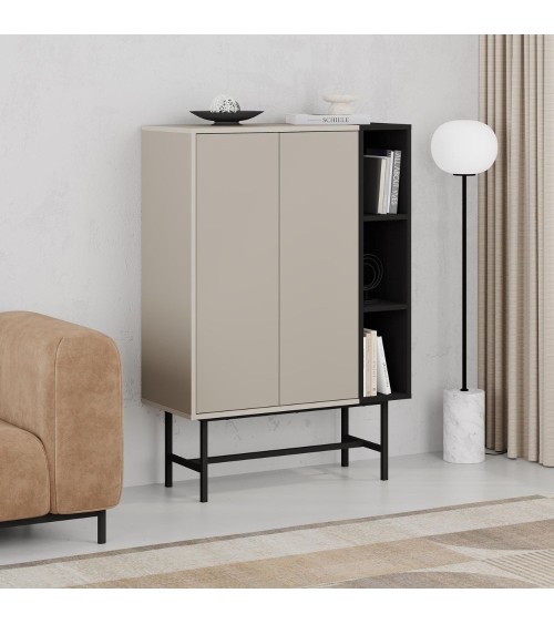 Mobile multiuso Mona con due ante cashmere e tre nicchie a giorno nere