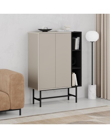 Mobile multiuso Mona con due ante cashmere e tre nicchie a giorno nere
