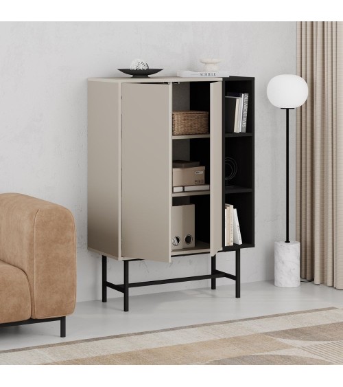 Mobile multiuso Mona con due ante cashmere e tre nicchie a giorno nere