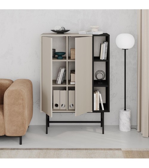 Mobile multiuso Mona con due ante cashmere e tre nicchie a giorno nere