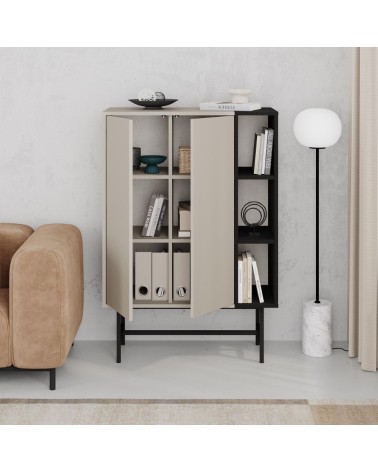 Mobile multiuso Mona con due ante cashmere e tre nicchie a giorno nere