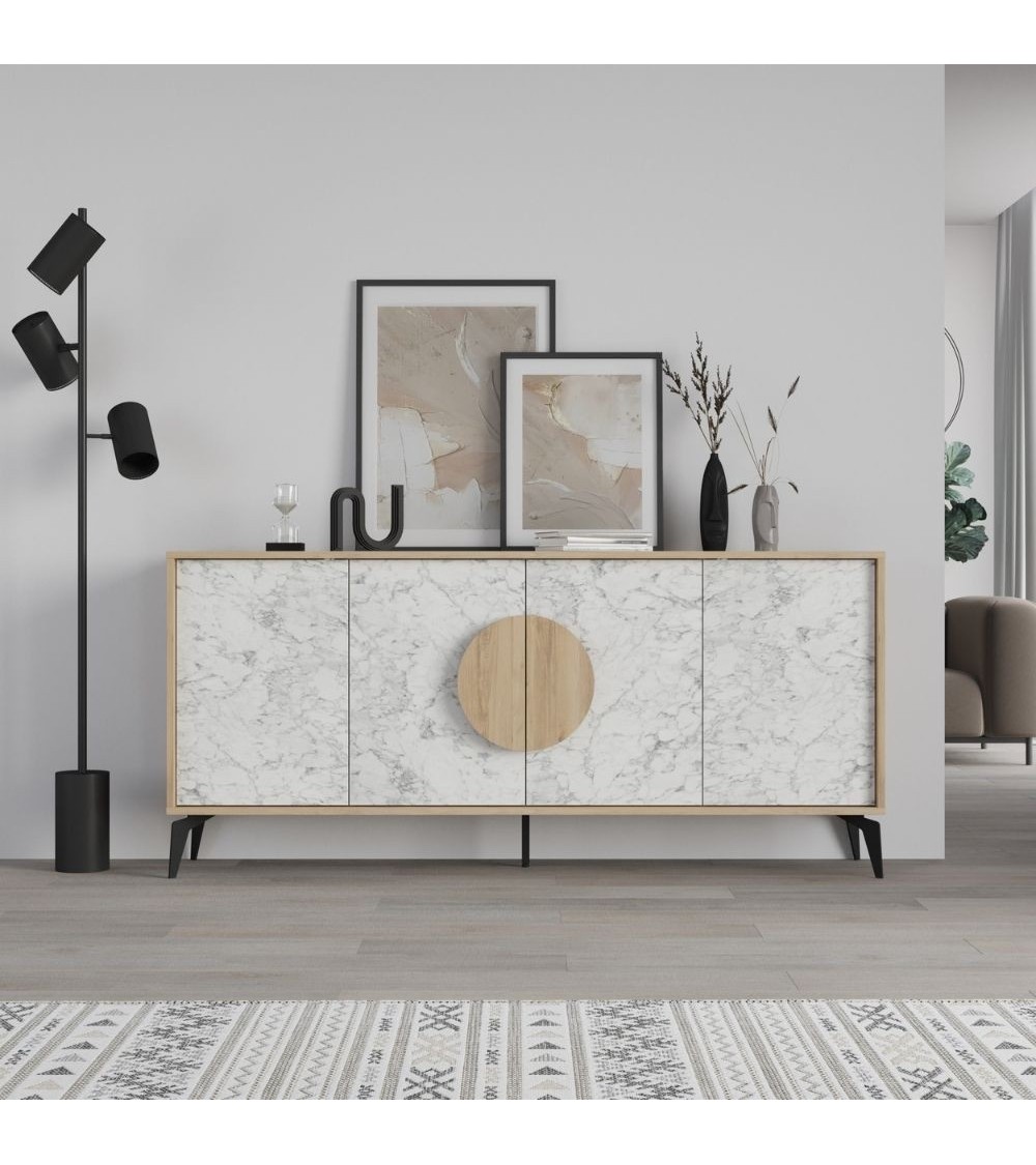 Madia Gora 180 cm struttura colore rovere con ante carrara effetto marmo bianco