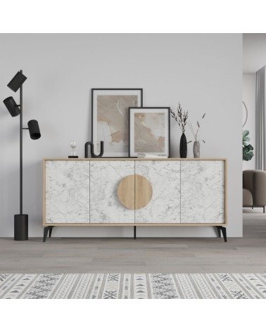 Madia Gora 180 cm struttura colore rovere con ante carrara effetto marmo bianco