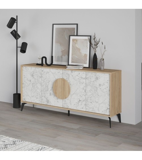 Madia Gora 180 cm struttura colore rovere con ante carrara effetto marmo bianco