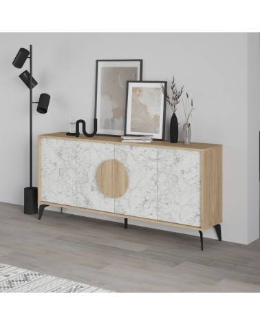 Madia Gora 180 cm struttura colore rovere con ante carrara effetto marmo bianco