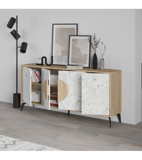 Madia Gora 180 cm struttura colore rovere con ante carrara effetto marmo bianco