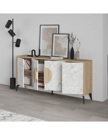Madia Gora 180 cm struttura colore rovere con ante carrara effetto marmo bianco