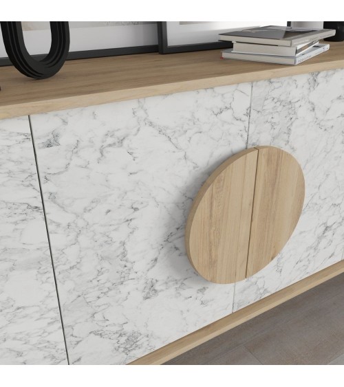 Madia Gora 180 cm struttura colore rovere con ante carrara effetto marmo bianco