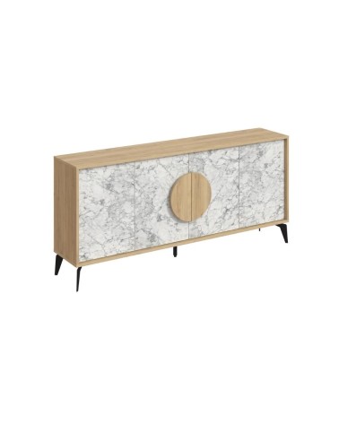 Madia Gora 180 cm struttura colore rovere con ante carrara effetto marmo bianco