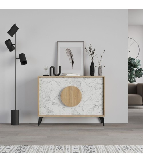 Madia Gora 110 cm struttura colore rovere con ante carrara effetto marmo bianco
