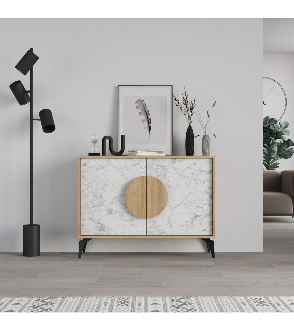 Madia Gora 110 cm struttura colore rovere con ante carrara effetto marmo bianco