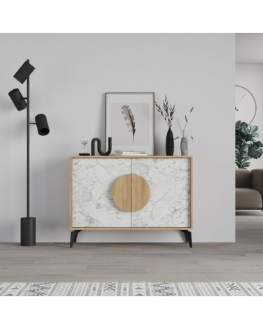 Madia Gora 110 cm struttura colore rovere con ante carrara effetto marmo bianco