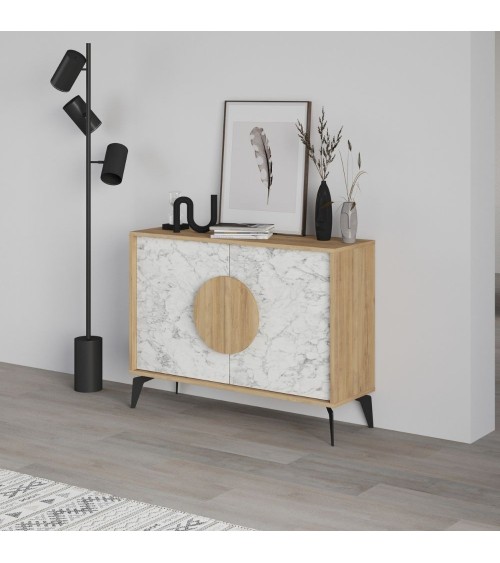 Madia Gora 110 cm struttura colore rovere con ante carrara effetto marmo bianco