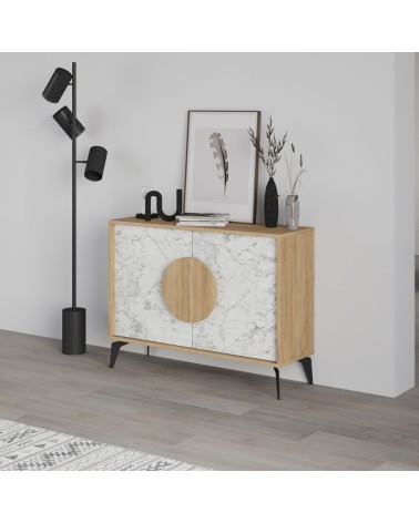 Madia Gora 110 cm struttura colore rovere con ante carrara effetto marmo bianco